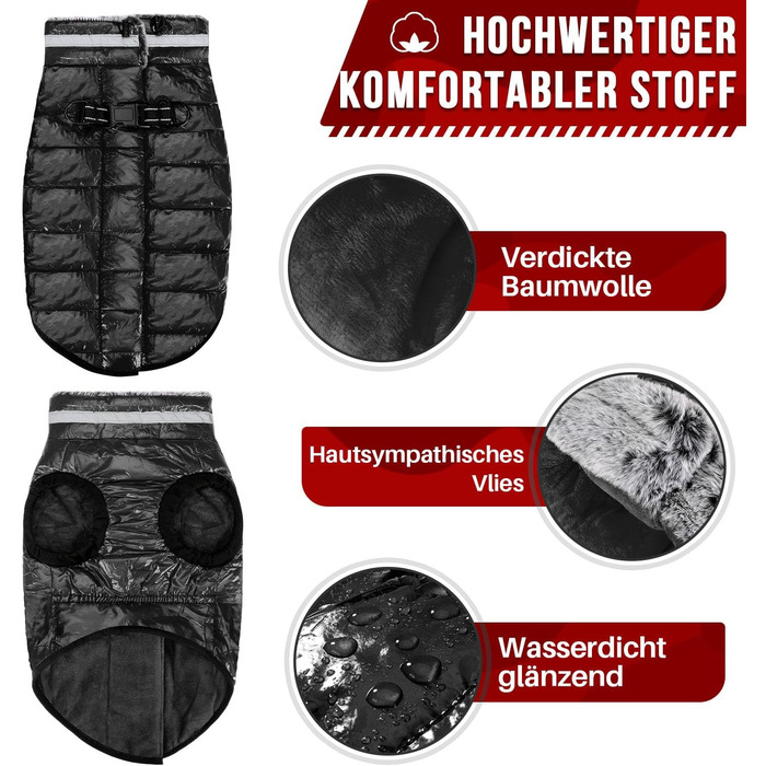 Звуковий теплий зимовий куртка для собак з флісовим коміром, куртка для собак з двома блискавками, відображає світло, для малих, середніх та великих собак (Чорний, XL)