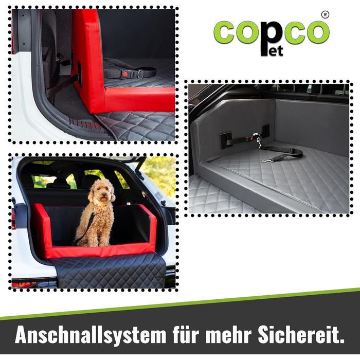 Ліжко для собак у багажник CopcoPet - 90x70x38 см, штучна шкіра, захист багажника, водовідштовхувальне, стійке до подряпин, система кріплення, захисний коврик, червоно-чорний колір