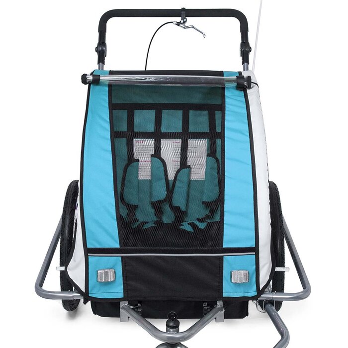 SAMAX Fahrradanhänger Jogger 2in1: Дитячий велопричіп-коляска 2в1 для 2 дітей, повне зчеплення, поворот на 360° (Блакитний - Срібляста рама)