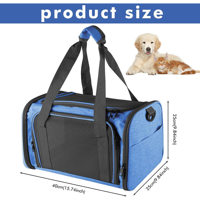 Транспортна сумка для кота та собаки: складана сумка-переноска для кота та собаки, дихаюча переноска з плечовим ременем для автомобіля, літака та подорожей, 40x25x25 см (блакитна)