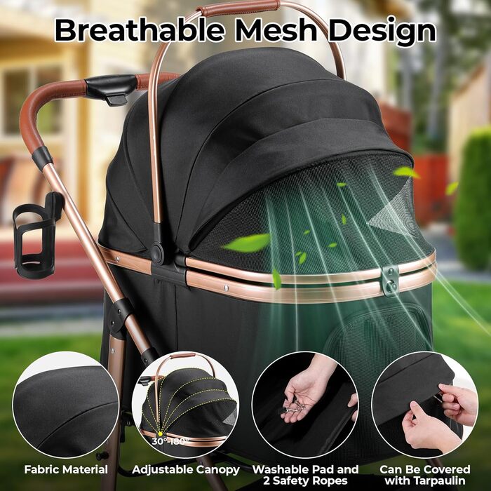 Візок для собак MAMIZO 3-в-1: переноска, візок, бугі для собак та котів (до 25 кг), чорний