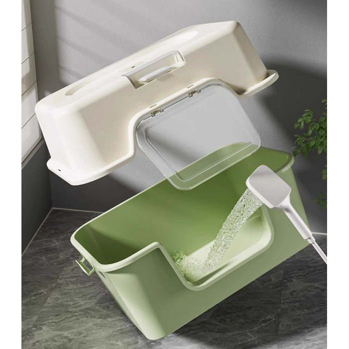 Закритий туалет для котів сірого кольору з лопаткою