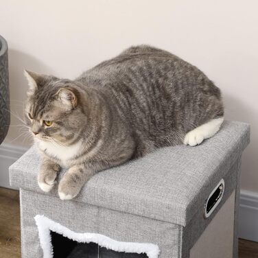 Будиночок для котів PawHut з подушкою, кігтеточкою та іграшкою, м'який котячий дім-ліжко з протиковзким дном, поліестер, сірий, 35,5x35,5x42,5 см