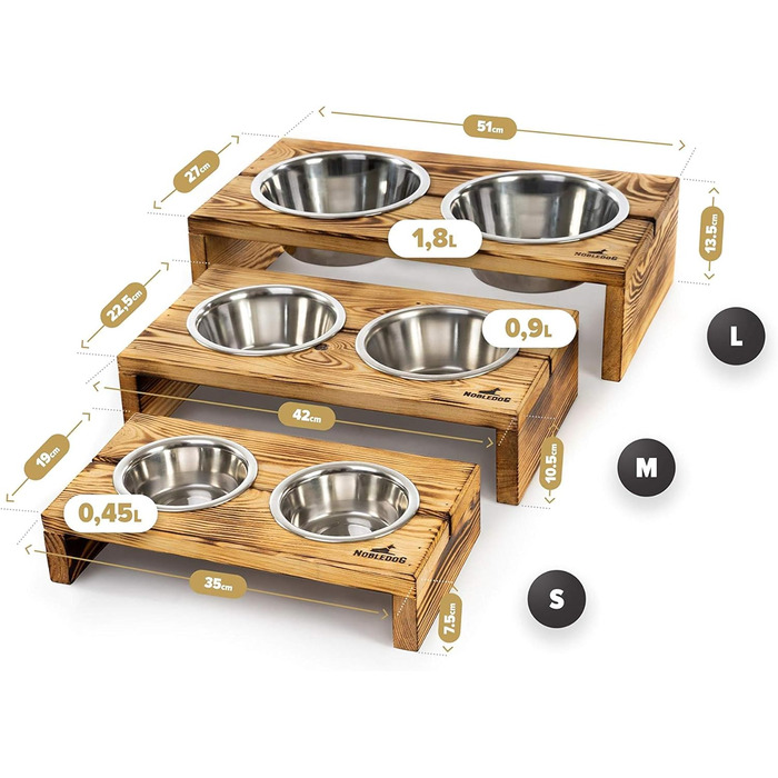 Миска для собак і котів Nobledog з кедрового дерева, станція для годування з двома мисками з нержавіючої сталі, об’єм 2×0,6 л