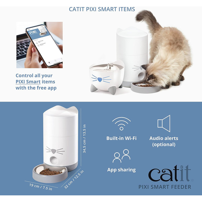 Автоматичний кормушка для котів Catit Pixi Smart, керування через додаток, об'єм 1,2 кг, білий/сірий