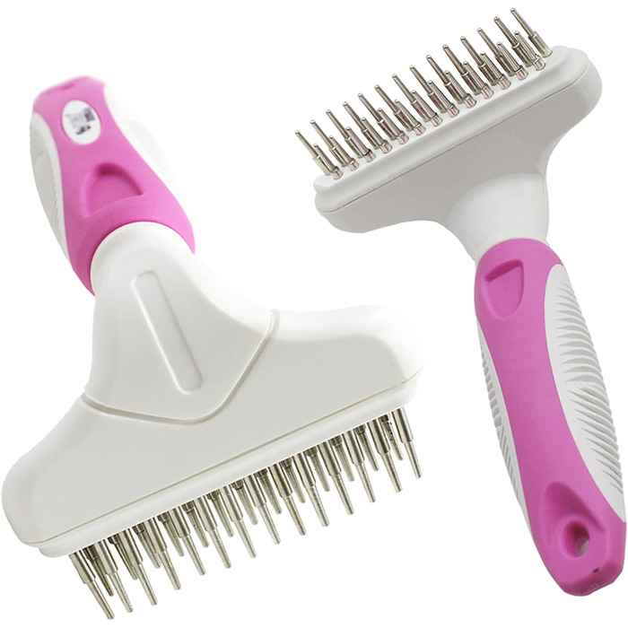 Гребінець для собак - сталевий гребінець для видалення шерсті та розпушування, одинарний/подвійний ряд з обертовими шпильками. Для видалення шерсті, розплутування ковтунів у собак, котів, кроликів, рожевий.