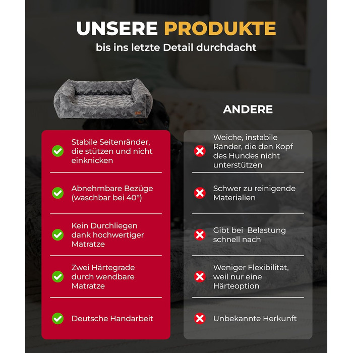 Ортопедичне ліжко для собак HS-Hundebett® Deluxe Exklusiv S (60x75 см) з Memory Foam, антиковзаючою основою та можливістю прання. Виготовлено в Німеччині (Антрацит, 90 x 110 см)
