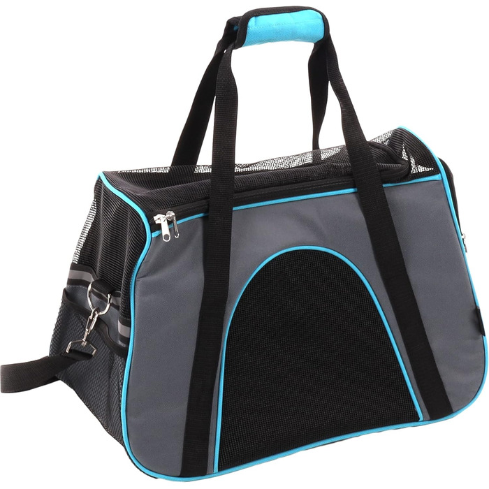 Сумка для собак Леона сіра – 44x24x29 см – поліестер, світловідбиваючий, знімний дно, страховка, ручки, ремінь на плече, легка у догляді