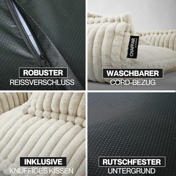 Крісло-лежанка для тварин Noviclass® Chaffar | Софа для котів та собак | Ортопедичний матрац | Сучасний стиль, Cord-дизайн, кремовий, розмір M (80 см)