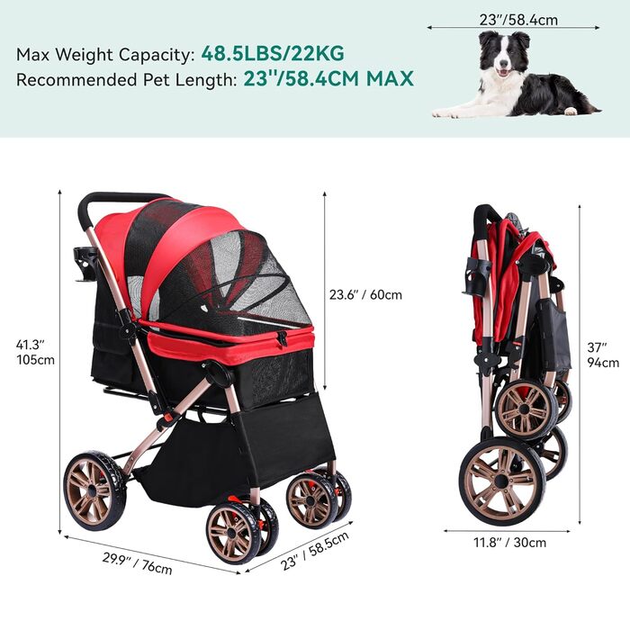 Візок для собак та котів YITAHOME, складний, до 22 кг, з обертовим ручками, сітковими вікнами, тримачем для напоїв, EVA-колеса з гальмом (Червоний)