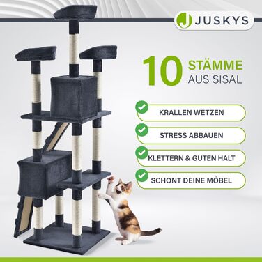 Котячий дряпак Juskys XXL Amy 170 см, з лежаками, будиночками, драбинами та сизалевими стовпчиками, сірий