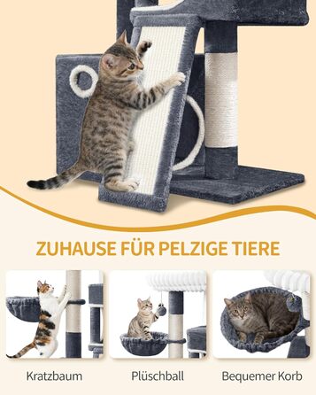 Дерево для котів Hzuaneri, 98 см: стійка конструкція, велика платформа, іграшкові м'ячики, печери, стовпчики для дряпання, дощечка для дряпання, темно-сірий MS10118SG