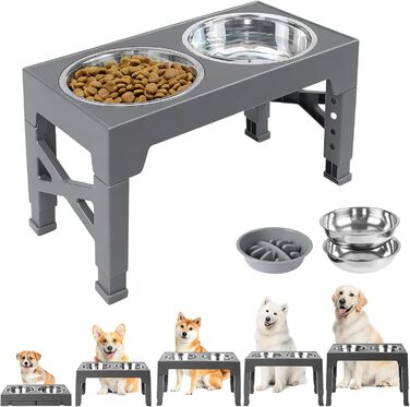 Підвищена годівниця для собак з регулюванням висоти (8-31 см), 2 миски з нержавіючої сталі та 1 миска для повільного годування, антиковзаюча, BPA-free пластик (сіра)