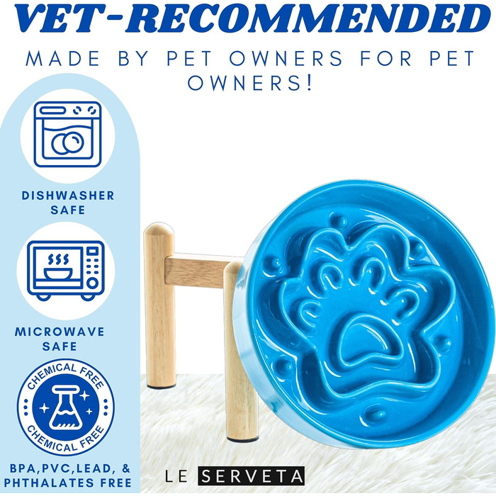 Миска для собак LE SERVETA Slow Feeder з кераміки, піднята, 3 миски, з дерев'яною підставкою, для собак середніх та великих порід, інтелектуальна миска-пазл (Блакитна)
