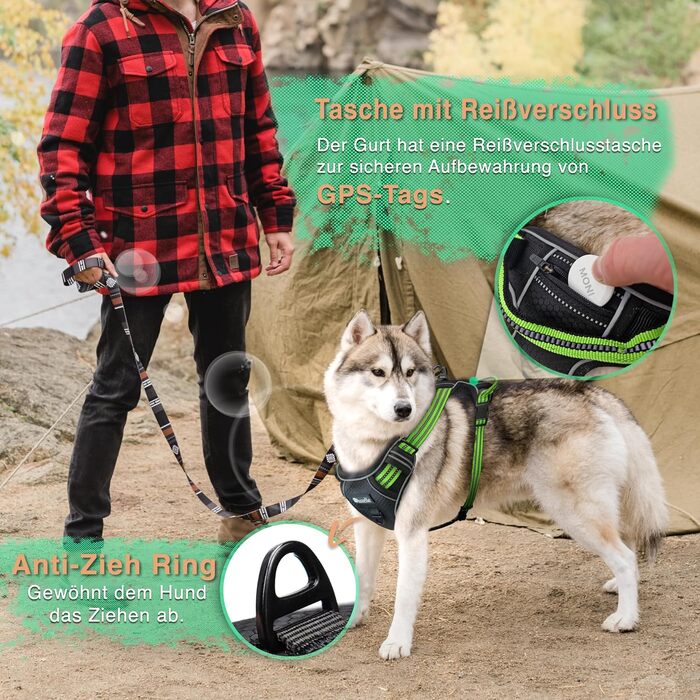 Шлейка для собак середніх порід Bluzelle з ручкою та кишенею для GPS-трекера, світловідбиваюча, дихаюча, зелена (L, чорний 3)