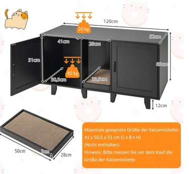 COSTWAY Багатофункціональна комода 3-в-1 для котів: з лотком та дряпалкою, чорна