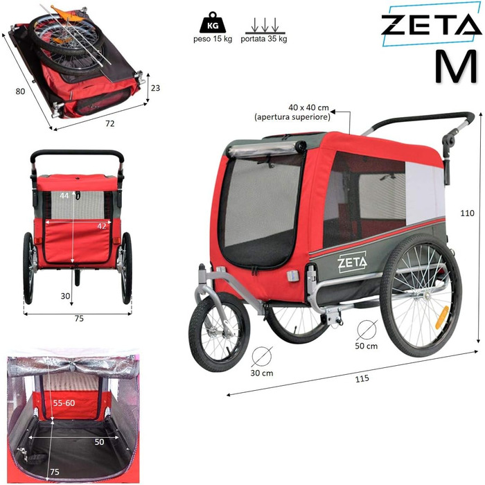 PAPILIOSHOP Причіп для собак та котів, візок для тварин, 3 розміри, стабільний, комфортний, практичний (Червоний)