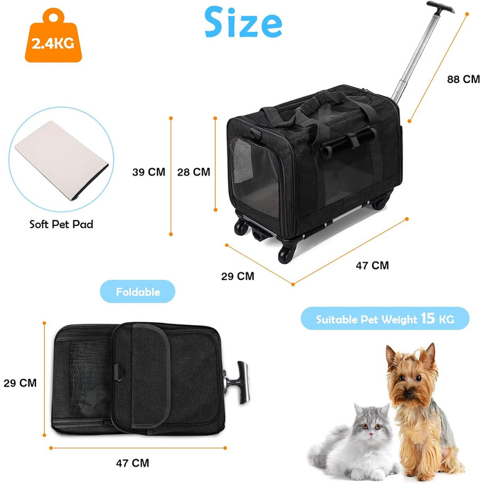 Переноска для тварин ALLSOPETS з колесами для котів та собак, сіра, для подорожей літаком