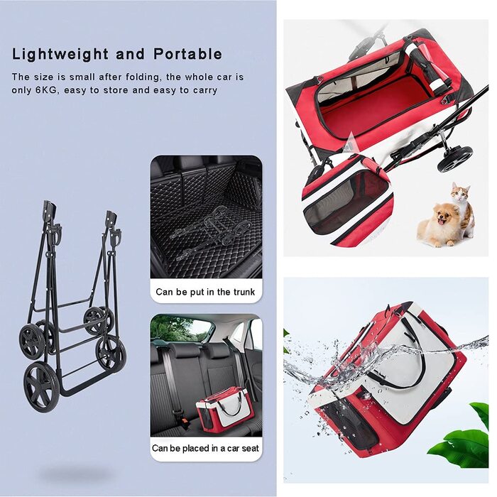 Легкий розкладний візок для дітей та маленьких собак – дихаючий візок для котів та собак – переноска для 2 тварин – портативний візок для домашніх тварин – система подорожей для цуценят та кошенят, червоний