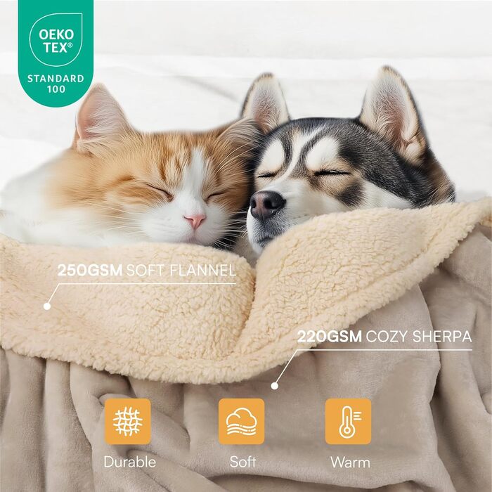 Водонепроникний коврик для тварин Luciphia, Sherpa Fleece, захист меблів від собак та котів, сірий-білий, L (65' x 57')