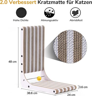 Котячий когтетоп FUKUMARU L-подібний, 68 см, з візерунком смуг, міцний, з іграшкою, для стіни та кута, великий (середній)