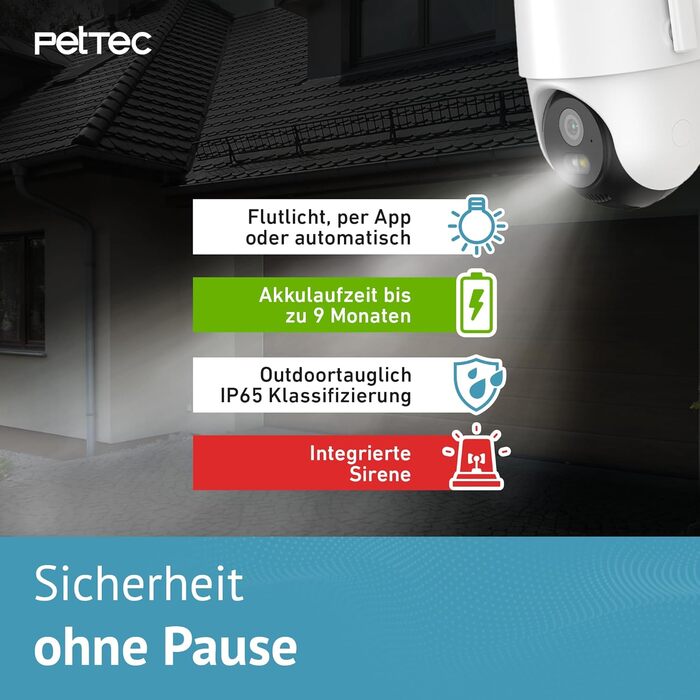PETTEC камера для тварин Free'n 360: Wi-Fi 2.4ГГц, акумулятор, панорамне обертання, без підписки, зовнішня камера 3MP, детекція руху, нічне бачення 20м, IP65, прожектор і сирена