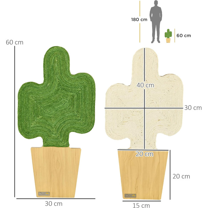 Кігтеточка для котів PawHut 2 шт. з джгутового мотузка, настінна, у вигляді кактуса, 30 x 60 см
