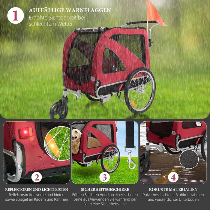 XL велосипедно-біговий перевізник для собак 2-в-1 з гальмом та світловідбивачами, 600D Oxford, до 40 кг (Червоний)