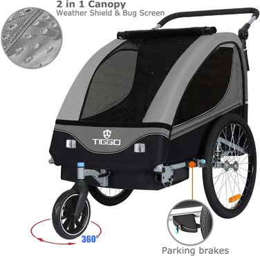 Дитячий причіп Tiggo S2 2-в-1 з підвіскою та поворотним з'єднанням 360° (Сірий)