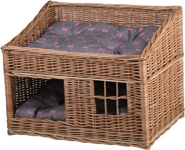 Двоярусна котяча хатинка з ротангу сірого кольору з подушкою та вікном | e-wicker24