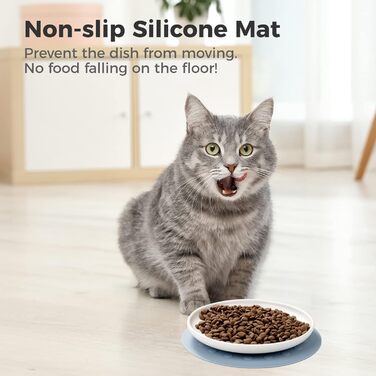 Керамічні годівниці для котів, набір 3 шт. з антиковзними килимками, широкі та плоскі миски для котів та кошенят, білий колір