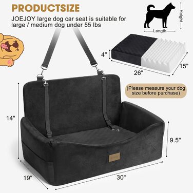 Автокрісло для собак JOEJOY - велике, для середніх та 2 маленьких собак до 25 кг, знімний чохол, Memory Foam, з ременями безпеки