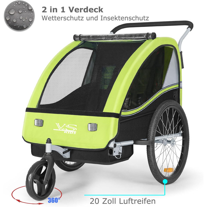 Дитячий причіп Tiggo VS 2 в 1: велосипедний причіп + коляска Jogger, 50202 (зелений лемон)