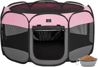Клітка-вольєр для собак великих порід на 4 собак, портативна з водонепроникним дном та блискавкою, для дому та вулиці, з мискою, темно-сіра та рожева (M з мискою, темно-сіра + рожева)