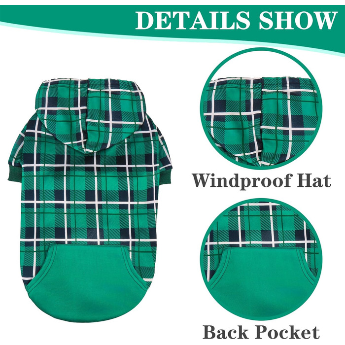 Теплий собачий светр з капюшоном у клітинку, британський стиль, отвір для повідка, одяг для собак Pitbull, зимовий одяг для всіх порід, цуценят, дівчаток та хлопчиків, котів, зелений, розмір Small