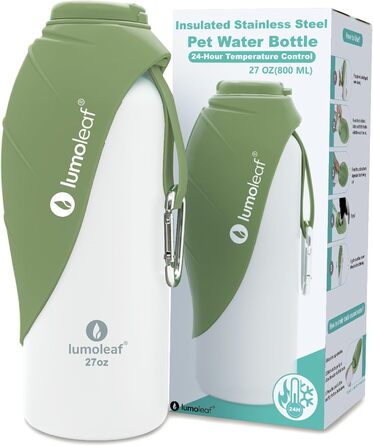 LumoLeaf Ізольована термофляга для собак, 800 мл - Зберігає воду холодною або теплою годинами, міцна та портативна для подорожей, широке горлечко для зручного наповнення та миття (Зелена, 800 мл)