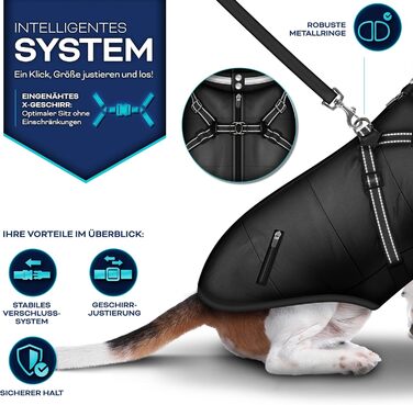 Зимовий одяг для собак TRESKO® з відбивачами, 15 шт. пакетів для екскрементів + диспенсер | Дощовик для собак, водонепроникний | Жилет для собак з отвором для шлейки | Утеплений зимовий жилет для собак (S, Чорний)