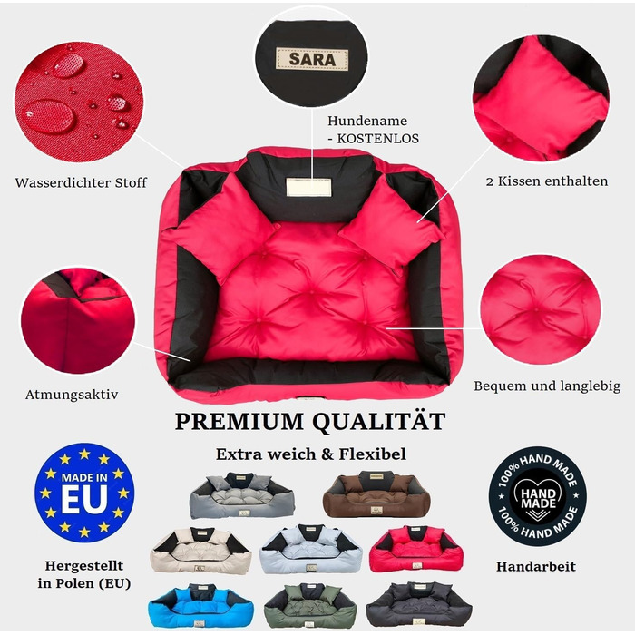 Крісло-ліжко для собак середніх порід King Dog, 75 x 65 см, миється, з можливістю персоналізації (ім'я), водонепроникний матеріал, силіконова наповнювач, червоний колір