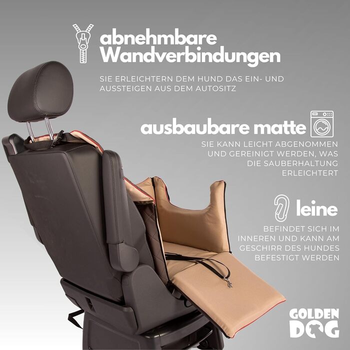 Транспортна переноска для собак Golden Dog з кріпленням на ремінь безпеки, 65x53x27 см, колір коричневий. Імітація шкіри, водовідштовхувальна, складна, підходить для автомобіля.