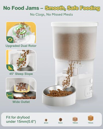 Автоматичний годівниця для котів та собак Gimars 5L з LCD-дисплеєм, 2 миски, програмування, 1-6 прийомів їжі, голосовий запис, білий колір