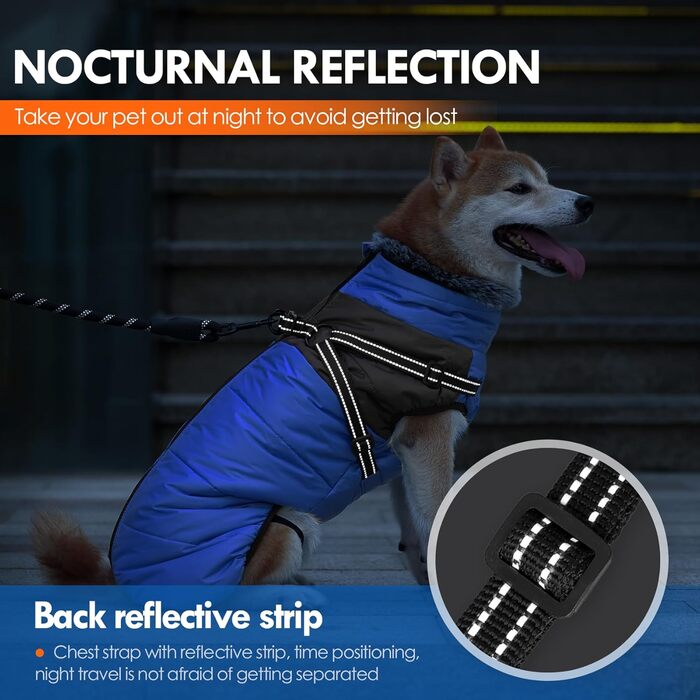 Зимовий одяг для собак, непромоканий та вітронепроникний, теплий з високим коміром, інтегрованим дзвоником, світловідбиваючими елементами та блискавкою – ідеальний для холодної погоди та снігу (Blue, XXL)