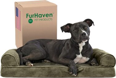 Ліжко для собаки Furhaven середнє з ортопедичним матрацом Memory Foam, штучне хутро і велюр, диван-стиль, знімний та праний чохол, темно-зелений