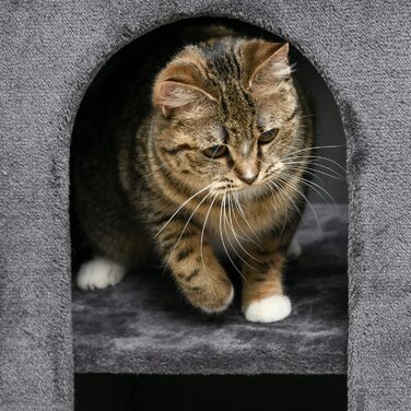 PawHut Кігтеточка-стілець для котів, 81 см, 2 рівні, 2 будиночки, для котів до 6 кг, темно-сіра