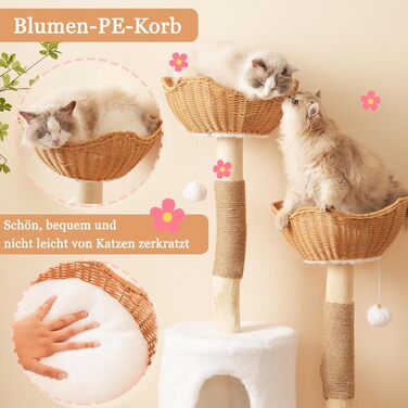 Кігтеточка для котів CareCooo 135 см з 12 стержнів, стабільна, з будиночком, сизаль, захист від перекидання, водонепроникна, для великих котів, коричнева/біла (Natural+White, XL)