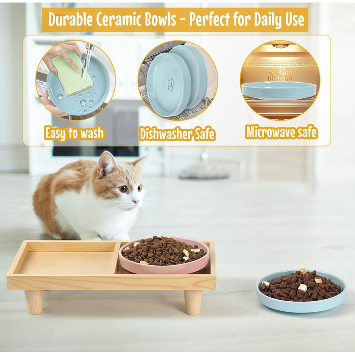 Миска для котів плоска керамічна з дерев'яною підставкою, піднята станція для годування з 2 керамічними мисками, миска для котів, діаметр миски 16 см для їжі та води, рожева & блакитна, блакитно-рожева