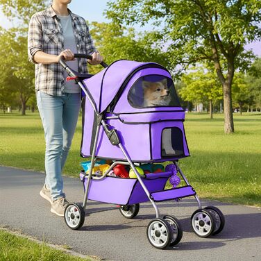 Візок для собак FDW, складний, для котів та собак, з обертовими колесами на 360°, з кошиком для зберігання, подушкою та сітковими віконцями, тримачем для напоїв, до 15 кг, фіолетовий