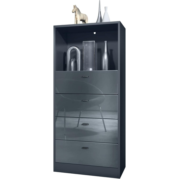 Комод Vladon Pino V3, 4 шухляди і відкрита полиця, антрацит матовий, 56x125x36 см, без LED, фасади сірий глянець, Німеччина