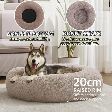 Заспокійливе ліжко для собак у вигляді пончика, м'який плюш, кругле ліжко для котів, зручне, м'яке, миється, подушка, самопідігріваюче ліжко для тварин з антиковзною основою, місце для сну та відпочинку (90 x 90 x 20 см, тауп)