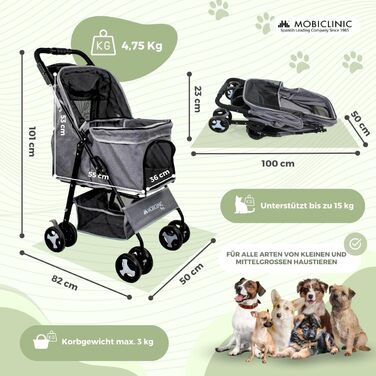 Візок для собак Mobiclinic® Pets, сірий, до 15 кг, з великим кошиком, 3 вікна, гачок для води, поворотні колеса з гальмом