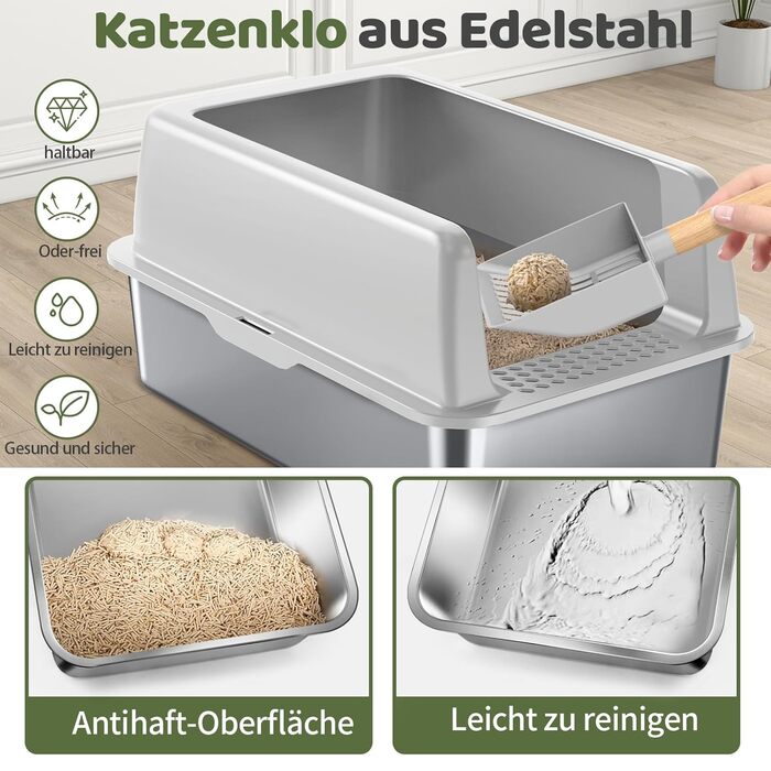 Котлочистка Gimars XL з металу, велика котяча туалет, нержавіюча сталь 20L з лопаткою та килимком, міцна котяча туалет з металу, котяча туалет з нержавіючої сталі для великих та середніх котів (світло-сіра з килимком)